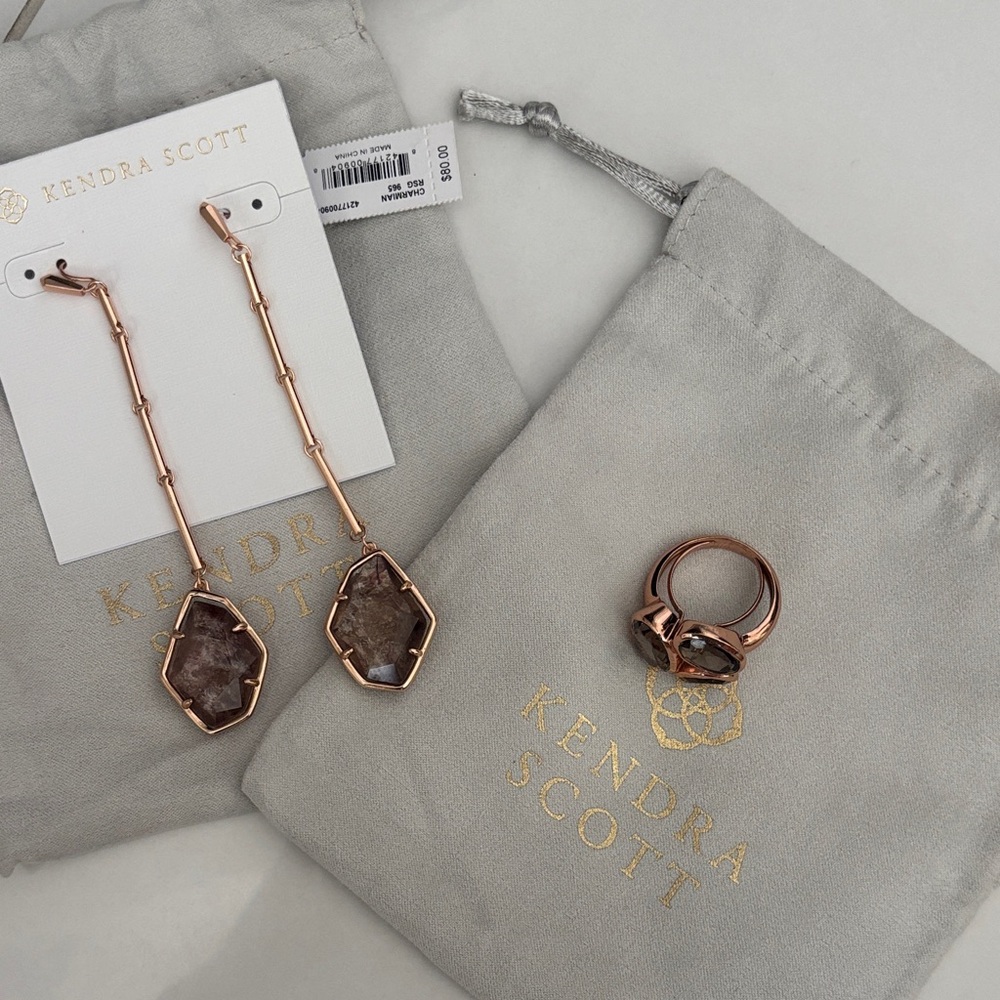 Bundle Kendra Scott Charmian Drop Earrings in Rose Gold with Sable Mica and ring